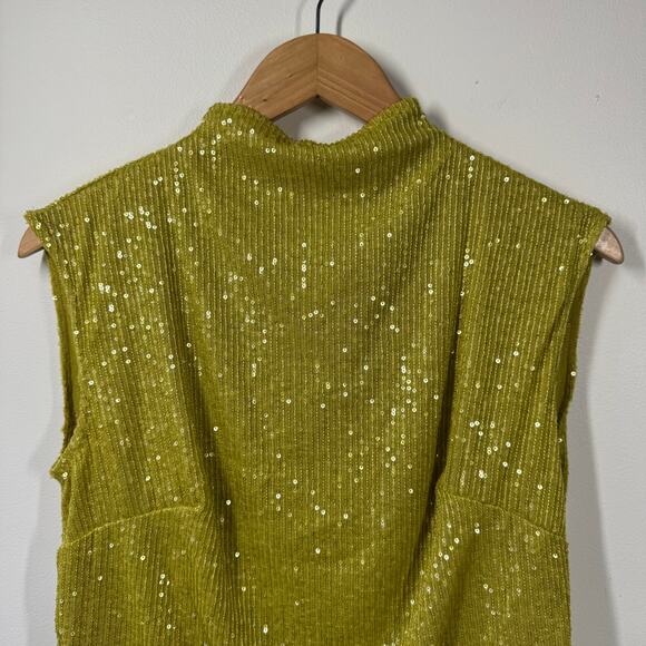 Anthropologie Top Women M Chartreuse Sequin Mock Neck Blouse Party Shell Tank - Picture 2 of 8